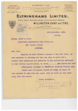 The John Cook Papers: tender for cost of building a cargo steamer, supplied by Eltringhams Limited