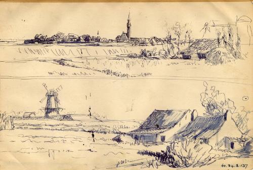 Two Landscapes with Tower & Windmill by James McBey 