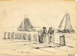 Veere Fishermen on Jetty, Sailing Boats Beyond by James McBey