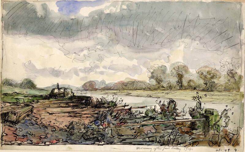 Landscape of Rivers, Trees and Derelict Barge - Morning after Good Friday by James McBey