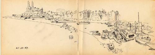 Double Leaf from Sketchbook - Barges on the Thames by James McBey