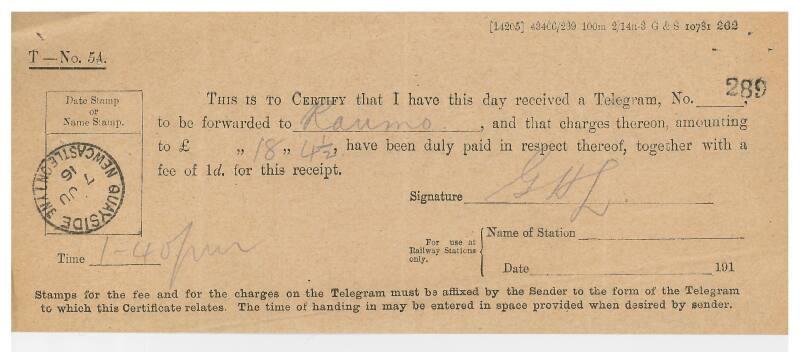 Receipt for a telegram concerning the sale of the steamship Girdleness