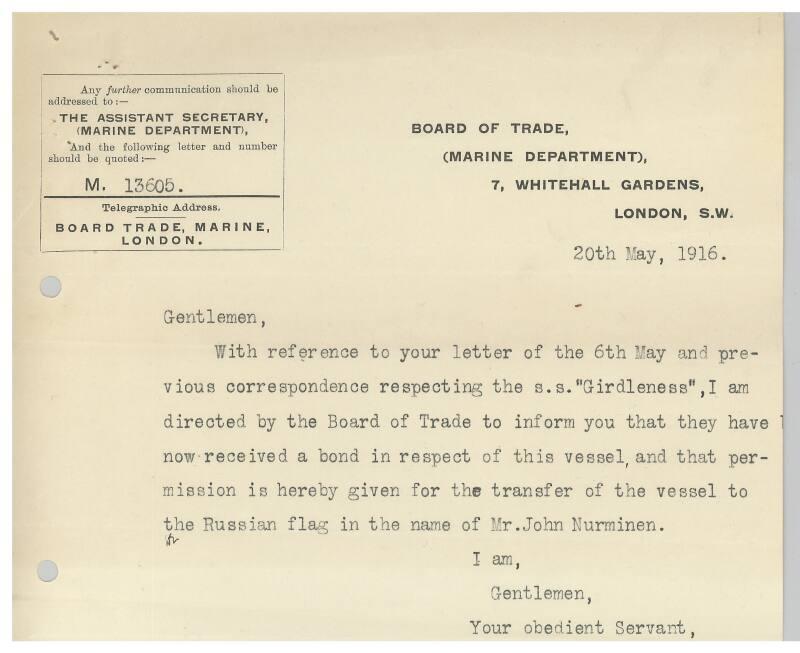 Letter concerning the sale of the steamship Girdleness