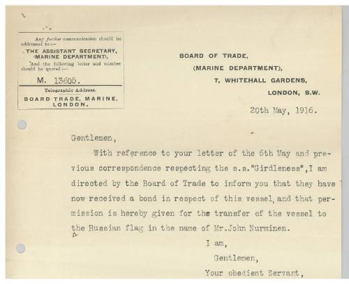 Letter concerning the sale of the steamship Girdleness