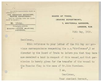 Letter concerning the sale of the steamship Girdleness