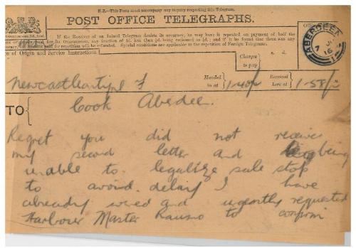 Telegram concerning the sale of the steamship Girdleness