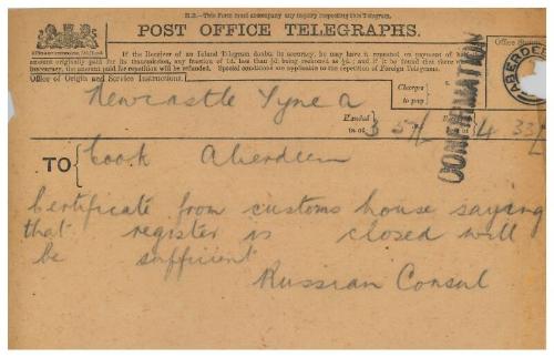 Telegram concerning the sale of the steamship Girdleness