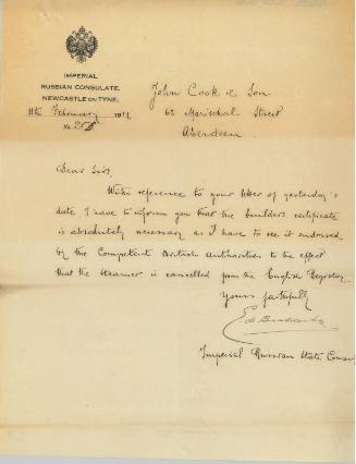 Letter concerning the sale of the steamship Girdleness