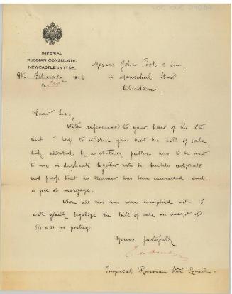 Letter concerning the sale of the steamship Girdleness