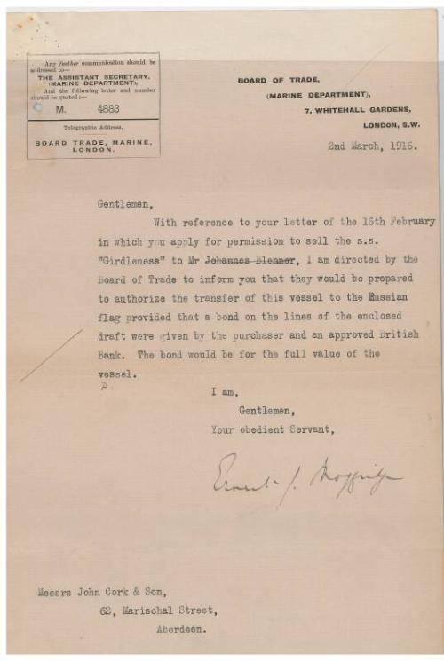 Letter concerning the sale of the steamship Girdleness