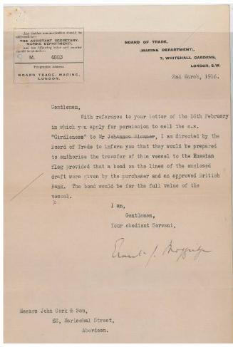 Letter concerning the sale of the steamship Girdleness