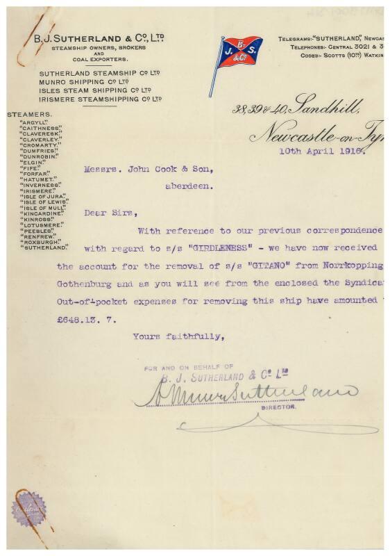 Letter relating to the sale of the steamship Girdleness to Russian owners