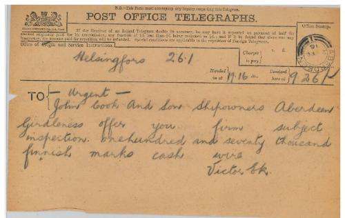 Telegram relating to the sale of the steamship Girdleness to Russian owners