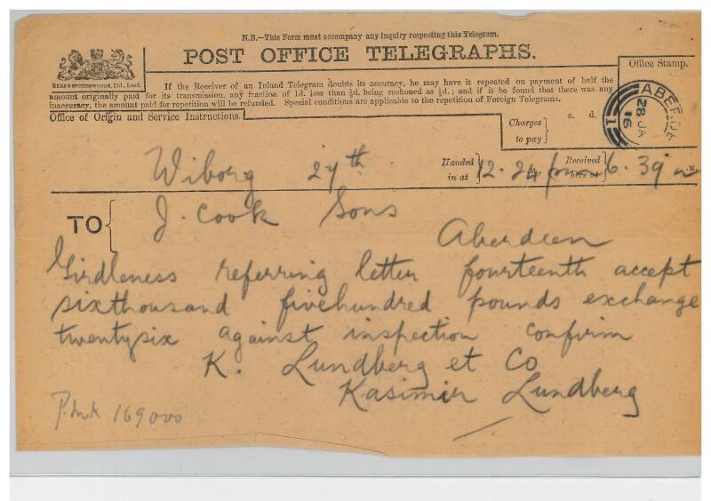 Telegram relating to the sale of the steamship Girdleness to Russian owners