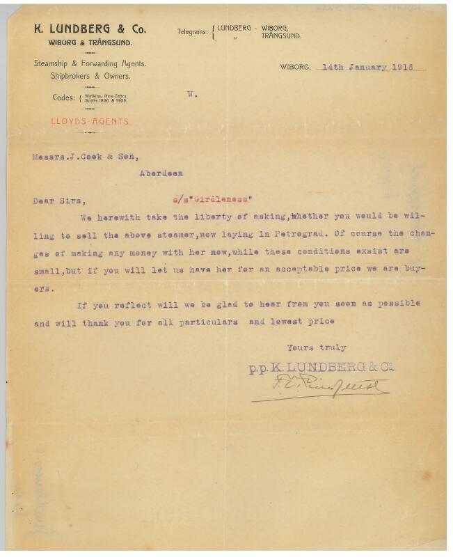 Letter relating to the sale of the steamship Girdleness to Russian owners