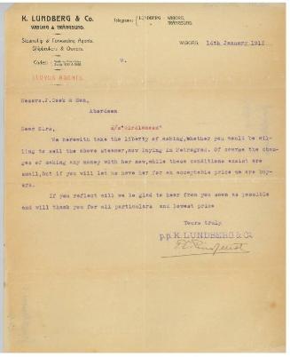 Letter relating to the sale of the steamship Girdleness to Russian owners