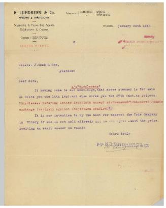 Letter relating to the sale of the steamship Girdleness to Russian owners