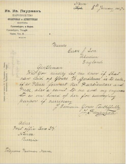 Letter relating to the sale of the steamship Girdleness to Russian owners