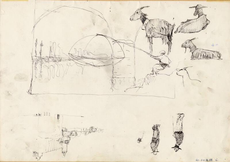 Sketches of Goats, of a Man Fishing, Figures and Buildings & by James McBey