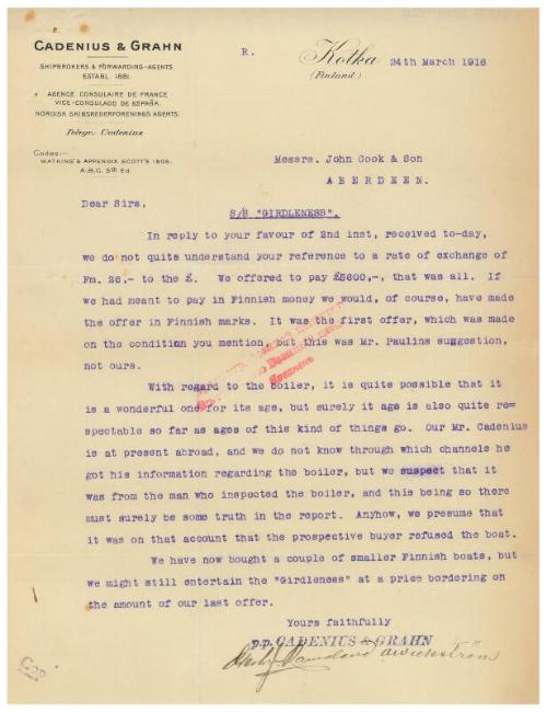 Letter relating to the sale of the steamship Girdleness to Russian owners