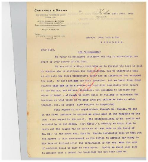 Letter relating to the sale of the steamship Girdleness to Russian owners