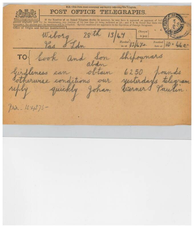 Telegram relating to the sale of the steamship Girdleness to Russian owners