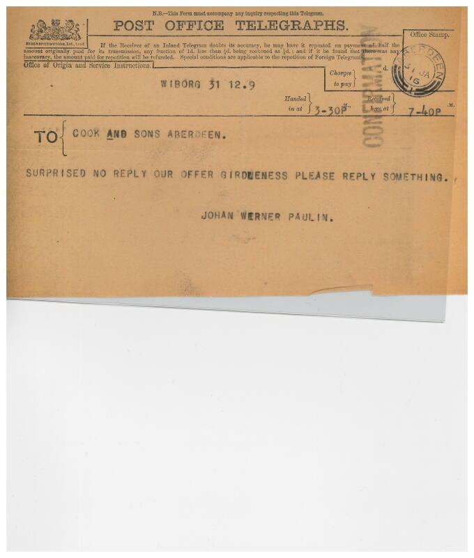 Telegram relating to the sale of the steamship Girdleness to Russian owners