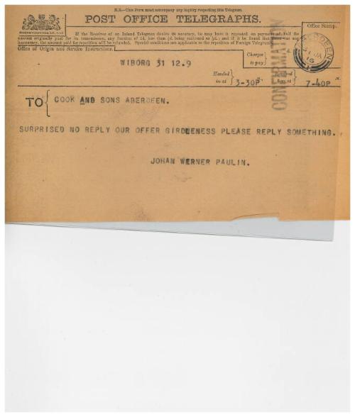 Telegram relating to the sale of the steamship Girdleness to Russian owners