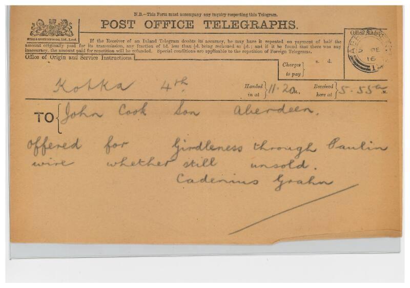 Telegram relating to the sale of the steamship Girdleness to Russian owners