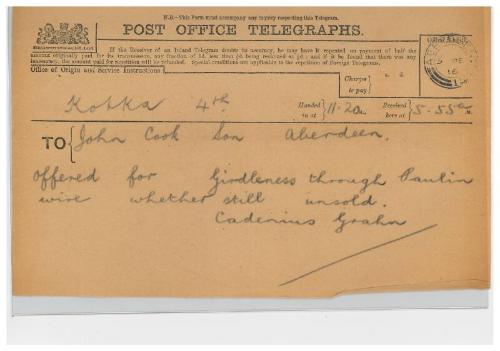 Telegram relating to the sale of the steamship Girdleness to Russian owners