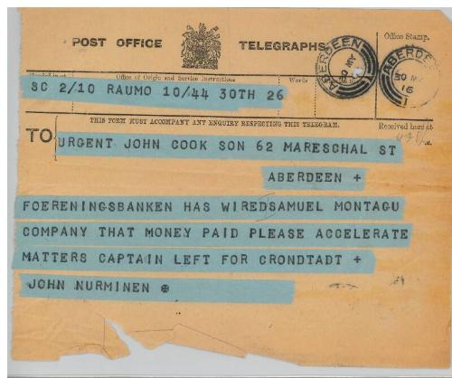 Telegram relating to the sale of the steamship Girdleness to Russian owners