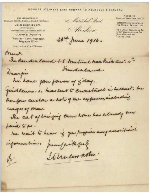 Letter relating to the sale of the steamship Girdleness to Russian owners