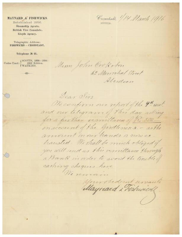 Letter relating to the sale of the steamship Girdleness to Russian owners