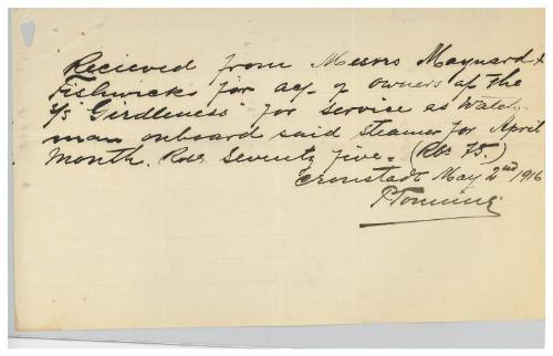 Receipt relating to the steamship Girdleness, laid up at Cronstadt