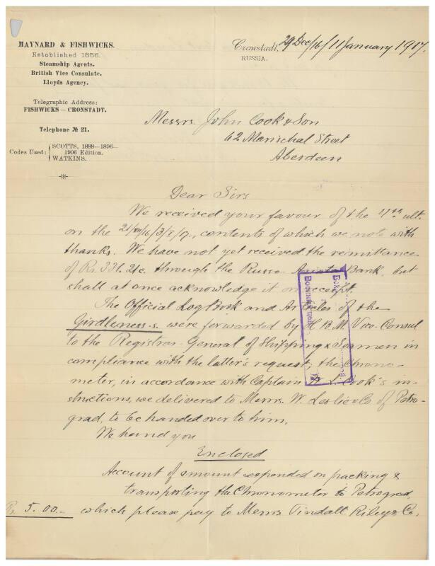 Letter relating to the sale of the steamship Girdleness to Russian owners