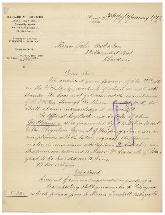 Letter relating to the sale of the steamship Girdleness to Russian owners