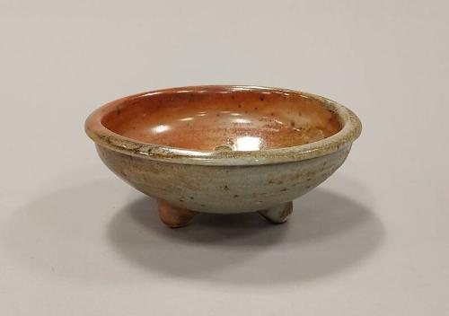 Stoneware Small Bowl with Three Feet and Shino and Wood Ash Glaze