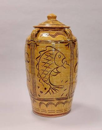 Earthenware Large Covered Store Jar with Mustard Yellow Glaze