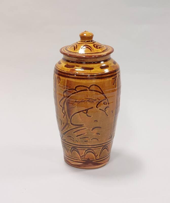 Tall Covered Store Jar with Yellow Ochre Glaze