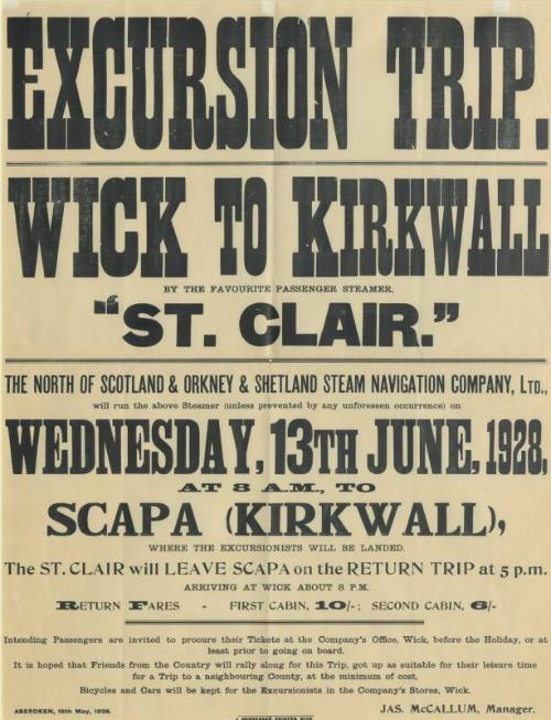 Poster Advertising An Excursion From Wick To Kirkwall Aboard St Clair In June 1928