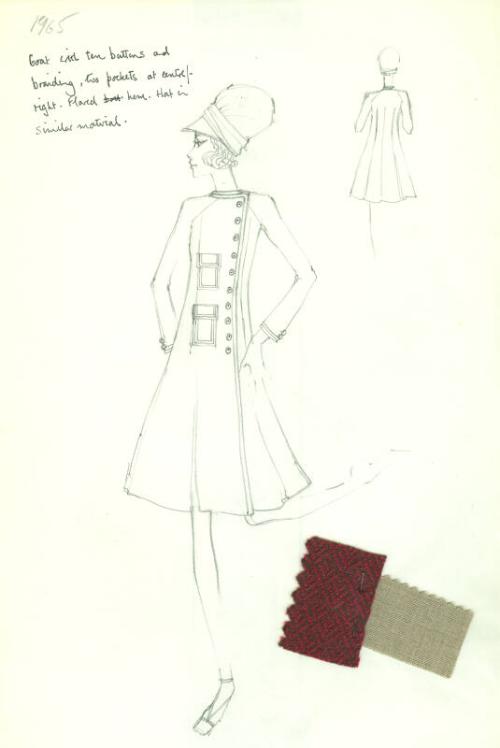 Drawing of Flared Coat with Hat with Fabric Swatches