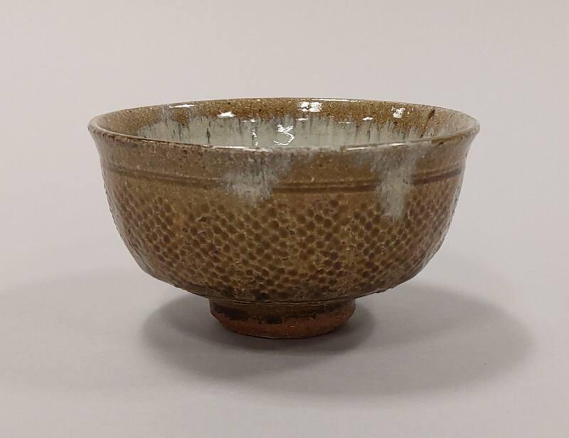White Stoneware Footed Bowl with Chun Glaze and Green Ash Glaze