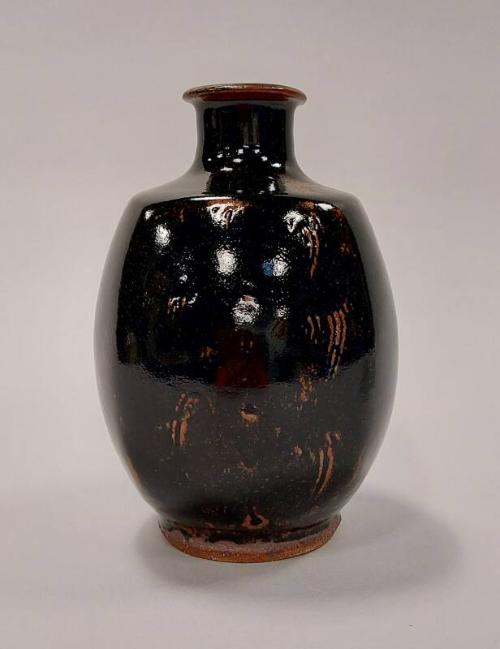 Footed Squared Bottle Vase with Tenmoku Glaze Over Iron Glazes