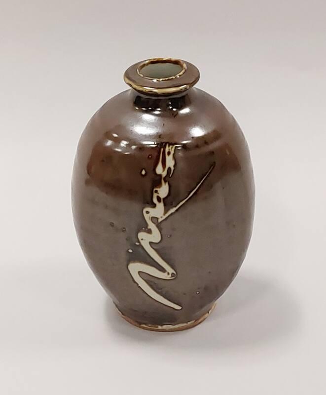 Stoneware Vase with Kaki Glaze and Wax Resist Decoration