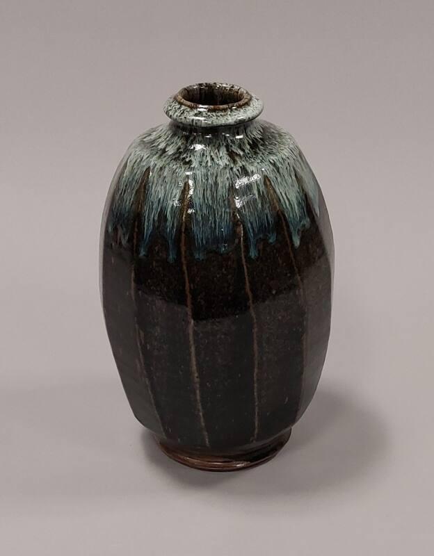 Stoneware Cut Bottle Vase with Tenmoku Glaze and Ash Glaze