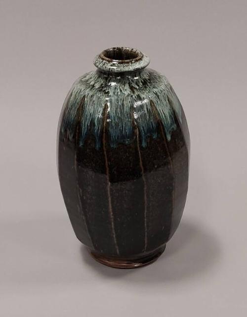 Stoneware Cut Bottle Vase with Tenmoku Glaze and Ash Glaze