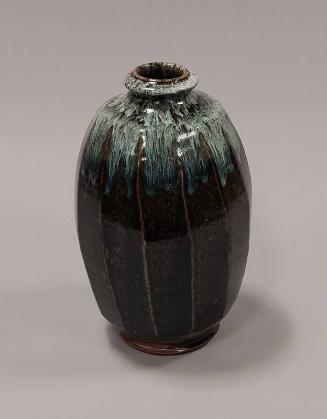 Stoneware Cut Bottle Vase with Tenmoku Glaze and Ash Glaze