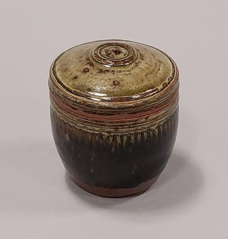 Stoneware Lidded Caddy with Green Ash and Tenmoku Glazes