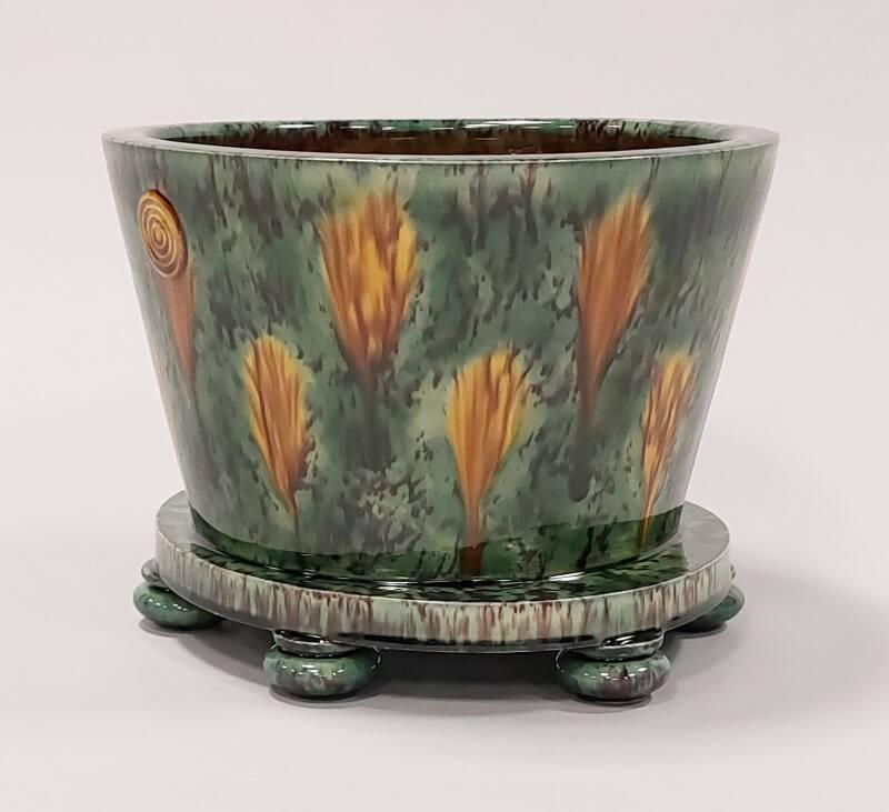Large Earthenware Jardiniere on Integrated Oval Stand with Whieldon Style Glaze