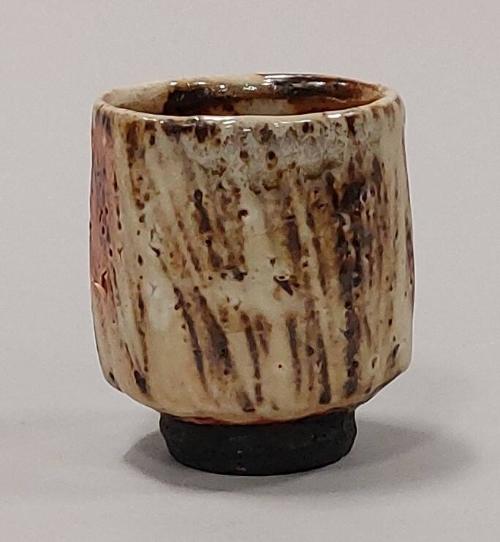 Stoneware Faceted Yunomi With Shino Glaze and Hakeme Marks